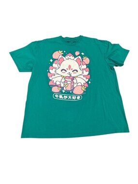 Hot Topic Kitsune Fox Strawberry Milk Teal Graphic T Shirt Tee Kawaii Anime XL